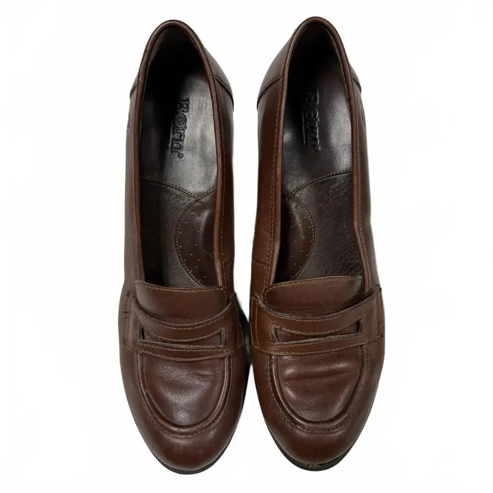 Born Women's Brown Leather Loafers with Block Heel‎ size 8.5